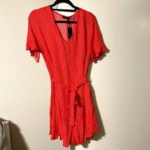 NWT Cotton On Size L Breezy Bright Red Polka Dot Dress w/ ruffle sleeves/skirt